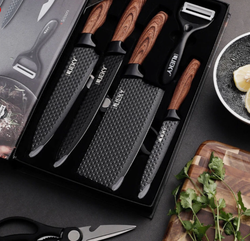 Juego de cuchillos de cocina 6 piezas con pelador y tijeras – Accesorios de cocina negro afilado