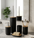 Set de Baño Set de Inodoro 5 Piezas Dispensador de Jabón, Portacepillos de Dientes, Cepillo de Baño, Jabonera & Vaso - Bambú