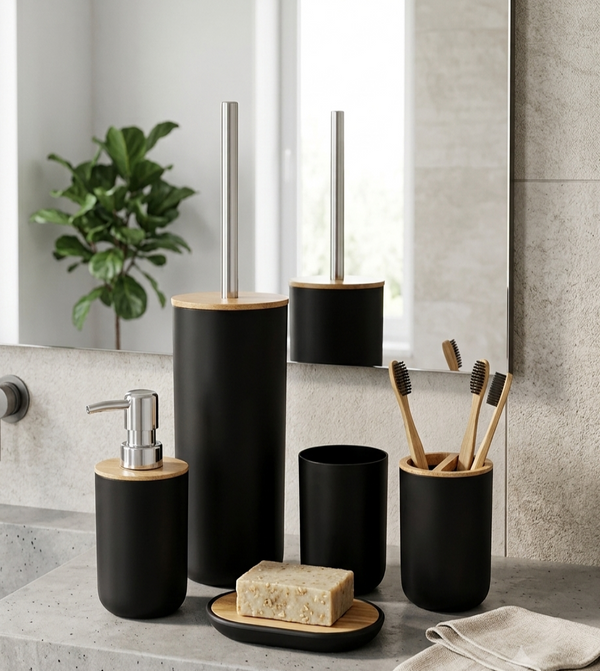 Set de Baño Set de Inodoro 5 Piezas Dispensador de Jabón, Portacepillos de Dientes, Cepillo de Baño, Jabonera & Vaso - Bambú