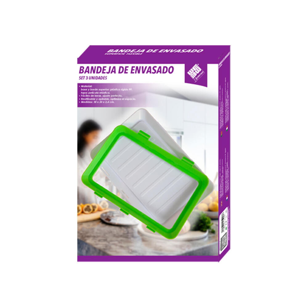 Pack 3 Bandejas Apilables con Tapa Flexible Hermética | Conservación de Alimentos Frescos Reutilizable
